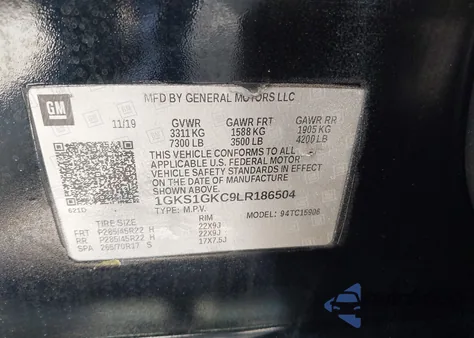 2020 GMC Yukon Xl 2Wd Slt из США, поврежденный, VIN 1GKS1GKC9LR186504